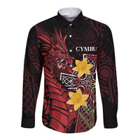 Wales Cymru Am Byth Long Sleeve Button Shirt Welsh Dragon with Celtic Cross - Wonder Print Shop