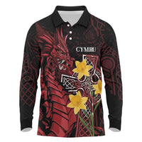 Wales Cymru Am Byth Long Sleeve Polo Shirt Welsh Dragon with Celtic Cross - Wonder Print Shop