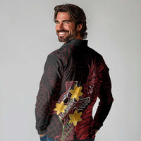 Wales Cymru Am Byth Long Sleeve Polo Shirt Welsh Dragon with Celtic Cross - Wonder Print Shop