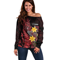 Wales Cymru Am Byth Off Shoulder Sweater Welsh Dragon with Celtic Cross - Wonder Print Shop