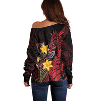 Wales Cymru Am Byth Off Shoulder Sweater Welsh Dragon with Celtic Cross - Wonder Print Shop