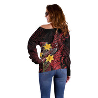 Wales Cymru Am Byth Off Shoulder Sweater Welsh Dragon with Celtic Cross - Wonder Print Shop