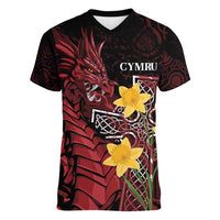 Wales Cymru Am Byth Women V-Neck T-Shirt Welsh Dragon with Celtic Cross - Wonder Print Shop