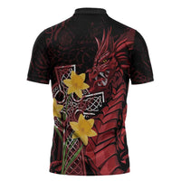 Wales Cymru Am Byth Zipper Polo Shirt Welsh Dragon with Celtic Cross - Wonder Print Shop