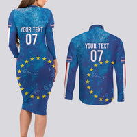 Cape Verde Tubaroes Azuis Custom Couples Matching Long Sleeve Bodycon Dress and Long Sleeve Button Shirt Break The Waves - Wonder Print Shop