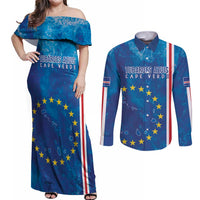 Cape Verde Tubaroes Azuis Custom Couples Matching Off Shoulder Maxi Dress and Long Sleeve Button Shirt Break The Waves - Wonder Print Shop