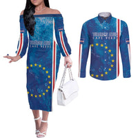 Cape Verde Tubaroes Azuis Custom Couples Matching Off The Shoulder Long Sleeve Dress and Long Sleeve Button Shirt Break The Waves - Wonder Print Shop