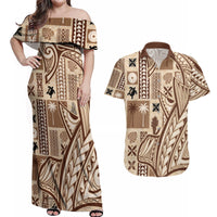 Samoa Tapa Couples Matching Off Shoulder Maxi Dress and Hawaiian Shirt Siapo Mix Tatau Patterns LT7 - Wonder Print Shop