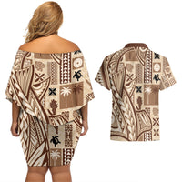 Samoa Tapa Couples Matching Off Shoulder Short Dress and Hawaiian Shirt Siapo Mix Tatau Patterns LT7 - Wonder Print Shop