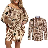 Samoa Tapa Couples Matching Off Shoulder Short Dress and Long Sleeve Button Shirt Siapo Mix Tatau Patterns LT7 - Wonder Print Shop
