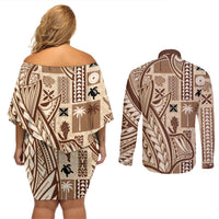Samoa Tapa Couples Matching Off Shoulder Short Dress and Long Sleeve Button Shirt Siapo Mix Tatau Patterns LT7 - Wonder Print Shop