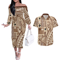 Samoa Tapa Couples Matching Off The Shoulder Long Sleeve Dress and Hawaiian Shirt Siapo Mix Tatau Patterns LT7 - Wonder Print Shop