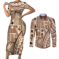 Samoa Tapa Couples Matching Short Sleeve Bodycon Dress and Long Sleeve Button Shirt Siapo Mix Tatau Patterns LT7 - Wonder Print Shop