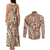 Samoa Tapa Couples Matching Tank Maxi Dress and Long Sleeve Button Shirt Siapo Mix Tatau Patterns LT7 - Wonder Print Shop