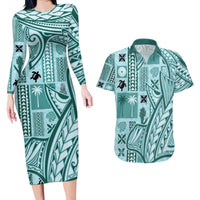 Samoa Tapa Couples Matching Long Sleeve Bodycon Dress and Hawaiian Shirt Siapo Mix Tatau Patterns - Teal LT7 - Wonder Print Shop