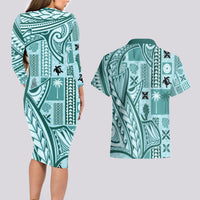 Samoa Tapa Couples Matching Long Sleeve Bodycon Dress and Hawaiian Shirt Siapo Mix Tatau Patterns - Teal LT7 - Wonder Print Shop