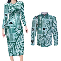 Samoa Tapa Couples Matching Long Sleeve Bodycon Dress and Long Sleeve Button Shirt Siapo Mix Tatau Patterns - Teal LT7 - Wonder Print Shop