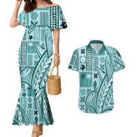 Samoa Tapa Couples Matching Mermaid Dress and Hawaiian Shirt Siapo Mix Tatau Patterns - Teal LT7 - Wonder Print Shop