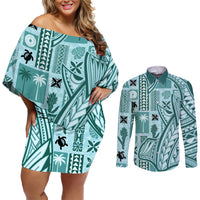 Samoa Tapa Couples Matching Off Shoulder Short Dress and Long Sleeve Button Shirt Siapo Mix Tatau Patterns - Teal LT7 - Wonder Print Shop