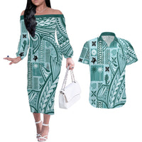 Samoa Tapa Couples Matching Off The Shoulder Long Sleeve Dress and Hawaiian Shirt Siapo Mix Tatau Patterns - Teal LT7 - Wonder Print Shop