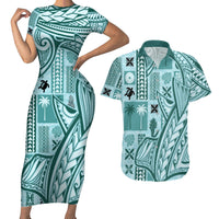 Samoa Tapa Couples Matching Short Sleeve Bodycon Dress and Hawaiian Shirt Siapo Mix Tatau Patterns - Teal LT7 - Wonder Print Shop