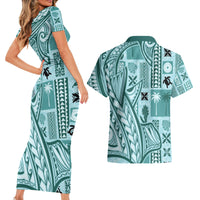Samoa Tapa Couples Matching Short Sleeve Bodycon Dress and Hawaiian Shirt Siapo Mix Tatau Patterns - Teal LT7 - Wonder Print Shop
