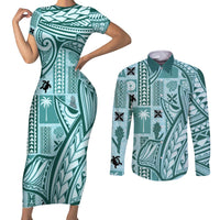 Samoa Tapa Couples Matching Short Sleeve Bodycon Dress and Long Sleeve Button Shirt Siapo Mix Tatau Patterns - Teal LT7 - Wonder Print Shop