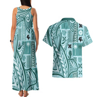 Samoa Tapa Couples Matching Tank Maxi Dress and Hawaiian Shirt Siapo Mix Tatau Patterns - Teal LT7 - Wonder Print Shop