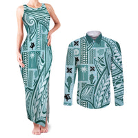 Samoa Tapa Couples Matching Tank Maxi Dress and Long Sleeve Button Shirt Siapo Mix Tatau Patterns - Teal LT7 - Wonder Print Shop