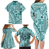 Samoa Tapa Family Matching Long Sleeve Bodycon Dress and Hawaiian Shirt Siapo Mix Tatau Patterns - Teal LT7 - Wonder Print Shop