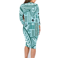 Samoa Tapa Family Matching Long Sleeve Bodycon Dress and Hawaiian Shirt Siapo Mix Tatau Patterns - Teal LT7 - Wonder Print Shop