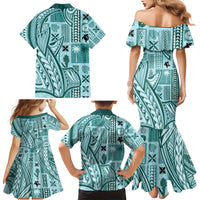 Samoa Tapa Family Matching Mermaid Dress and Hawaiian Shirt Siapo Mix Tatau Patterns - Teal LT7 - Wonder Print Shop