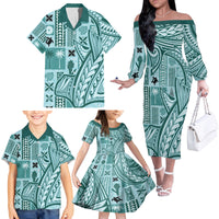 Samoa Tapa Family Matching Off Shoulder Long Sleeve Dress and Hawaiian Shirt Siapo Mix Tatau Patterns - Teal - Wonder Print Shop