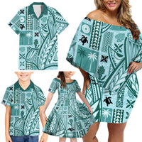 Samoa Tapa Family Matching Off Shoulder Short Dress and Hawaiian Shirt Siapo Mix Tatau Patterns - Teal LT7 - Wonder Print Shop