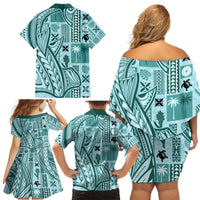 Samoa Tapa Family Matching Off Shoulder Short Dress and Hawaiian Shirt Siapo Mix Tatau Patterns - Teal LT7 - Wonder Print Shop