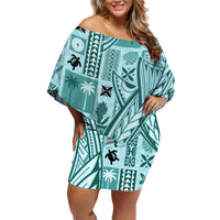 Samoa Tapa Family Matching Off Shoulder Short Dress and Hawaiian Shirt Siapo Mix Tatau Patterns - Teal LT7 - Wonder Print Shop