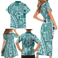 Samoa Tapa Family Matching Short Sleeve Bodycon Dress and Hawaiian Shirt Siapo Mix Tatau Patterns - Teal - Wonder Print Shop