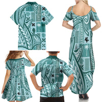 Samoa Tapa Family Matching Summer Maxi Dress and Hawaiian Shirt Siapo Mix Tatau Patterns - Teal - Wonder Print Shop