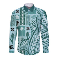 Samoa Tapa Long Sleeve Button Shirt Siapo Mix Tatau Patterns - Teal - Wonder Print Shop