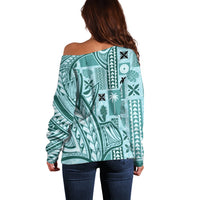 Samoa Tapa Off Shoulder Sweater Siapo Mix Tatau Patterns - Teal - Wonder Print Shop