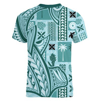 Samoa Tapa Women V Neck T Shirt Siapo Mix Tatau Patterns - Teal - Wonder Print Shop