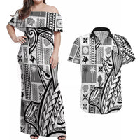 Samoa Tapa Couples Matching Off Shoulder Maxi Dress and Hawaiian Shirt Siapo Mix Tatau Patterns - White LT7 - Wonder Print Shop