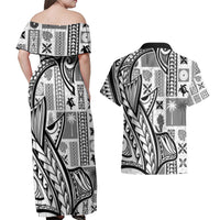 Samoa Tapa Couples Matching Off Shoulder Maxi Dress and Hawaiian Shirt Siapo Mix Tatau Patterns - White LT7 - Wonder Print Shop