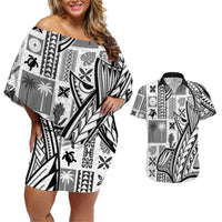 Samoa Tapa Couples Matching Off Shoulder Short Dress and Hawaiian Shirt Siapo Mix Tatau Patterns - White LT7 - Wonder Print Shop