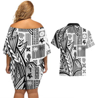 Samoa Tapa Couples Matching Off Shoulder Short Dress and Hawaiian Shirt Siapo Mix Tatau Patterns - White LT7 - Wonder Print Shop