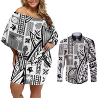 Samoa Tapa Couples Matching Off Shoulder Short Dress and Long Sleeve Button Shirt Siapo Mix Tatau Patterns - White LT7 - Wonder Print Shop