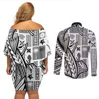 Samoa Tapa Couples Matching Off Shoulder Short Dress and Long Sleeve Button Shirt Siapo Mix Tatau Patterns - White LT7 - Wonder Print Shop