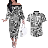 Samoa Tapa Couples Matching Off The Shoulder Long Sleeve Dress and Hawaiian Shirt Siapo Mix Tatau Patterns - White LT7 - Wonder Print Shop