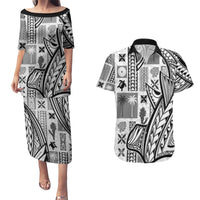 Samoa Tapa Couples Matching Puletasi Dress and Hawaiian Shirt Siapo Mix Tatau Patterns - White LT7 - Wonder Print Shop