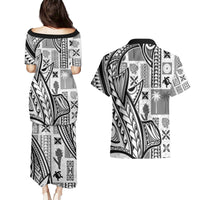 Samoa Tapa Couples Matching Puletasi Dress and Hawaiian Shirt Siapo Mix Tatau Patterns - White LT7 - Wonder Print Shop